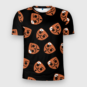 Мужская футболка 3D Slim с принтом Бабл Квас   узор из масок в Санкт-Петербурге, 100% полиэстер с улучшенными характеристиками | приталенный силуэт, круглая горловина, широкие плечи, сужается к линии бедра | бабл квас | бойцы | игра | логотип | маска | мем | мобильная | оранжевый | приложение
