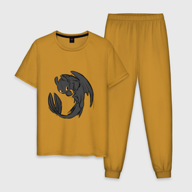Мужская пижама хлопок с принтом Игривый беззубик в Екатеринбурге, 100% хлопок | брюки и футболка прямого кроя, без карманов, на брюках мягкая резинка на поясе и по низу штанин
 | how to train your dragon | беззубик | дракон | как приручить дракона | ночная фурия | скандинавия