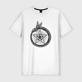 Мужская футболка хлопок Slim с принтом змей Уроборос в Белгороде, 92% хлопок, 8% лайкра | приталенный силуэт, круглый вырез ворота, длина до линии бедра, короткий рукав | глаз | звезда давида | змей | мифология | символизм | символы | уроборос | эзотерика