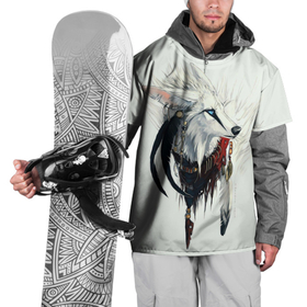 Накидка на куртку 3D с принтом Белый лис с перьями на голове , 100% полиэстер |  | native america | белый волк | волк | индейцы | лис | лиса | перья | фолк | этно
