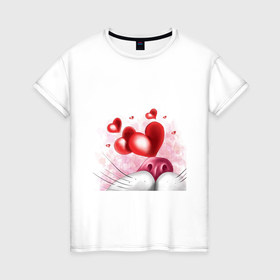 Женская футболка хлопок с принтом Влюблённый Кот в сердечках в Кировске, 100% хлопок | прямой крой, круглый вырез горловины, длина до линии бедер, слегка спущенное плечо | 14 февраля | день святого валентина | кот | любовь | сердце