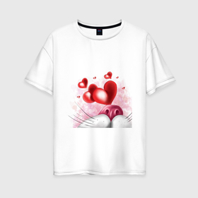 Женская футболка хлопок Oversize с принтом Влюблённый Кот в сердечках в Новосибирске, 100% хлопок | свободный крой, круглый ворот, спущенный рукав, длина до линии бедер
 | 14 февраля | день святого валентина | кот | любовь | сердце