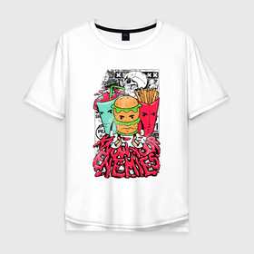 Мужская футболка хлопок Oversize с принтом Знай в лицо своих врагов в Санкт-Петербурге, 100% хлопок | свободный крой, круглый ворот, “спинка” длиннее передней части | burger | face | food | hype | pop art | potato | skull | soda | бургер | газировка | еда | картошка | лицо | пища | поп арт | хайп | череп