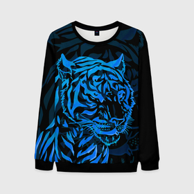 Мужской свитшот 3D с принтом Голубой тигр | Blue , 100% полиэстер с мягким внутренним слоем | круглый вырез горловины, мягкая резинка на манжетах и поясе, свободная посадка по фигуре | 2022 | amur tiger | beast | blue | fangs | happy new year | merry christmas | new year | predator | snow | stars | stern grin | stern look | winter | year of the tiger | амурский тигр | г | год тигра | голубоый | зверь | зима | клыки | новый год