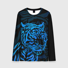 Мужской лонгслив 3D с принтом Голубой тигр | Blue в Тюмени, 100% полиэстер | длинные рукава, круглый вырез горловины, полуприлегающий силуэт | 2022 | amur tiger | beast | blue | fangs | happy new year | merry christmas | new year | predator | snow | stars | stern grin | stern look | winter | year of the tiger | амурский тигр | г | год тигра | голубоый | зверь | зима | клыки | новый год