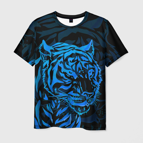 Мужская футболка 3D с принтом Голубой тигр | Blue в Новосибирске, 100% полиэфир | прямой крой, круглый вырез горловины, длина до линии бедер | 2022 | amur tiger | beast | blue | fangs | happy new year | merry christmas | new year | predator | snow | stars | stern grin | stern look | winter | year of the tiger | амурский тигр | г | год тигра | голубоый | зверь | зима | клыки | новый год