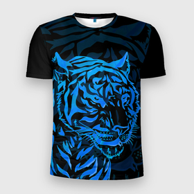 Мужская футболка 3D Slim с принтом Голубой тигр | Blue в Екатеринбурге, 100% полиэстер с улучшенными характеристиками | приталенный силуэт, круглая горловина, широкие плечи, сужается к линии бедра | 2022 | amur tiger | beast | blue | fangs | happy new year | merry christmas | new year | predator | snow | stars | stern grin | stern look | winter | year of the tiger | амурский тигр | г | год тигра | голубоый | зверь | зима | клыки | новый год