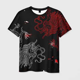 Мужская футболка 3D с принтом Китайский дракон | Красно   Белый в Санкт-Петербурге, 100% полиэфир | прямой крой, круглый вырез горловины, длина до линии бедер | chinese dragon | dhina dragon | dragon | азиатский дракон | белый дракон | брызги | восточный дракон | дракон | китайские драконы | китайский дракон | красный дракон | традиционный китайский дракон