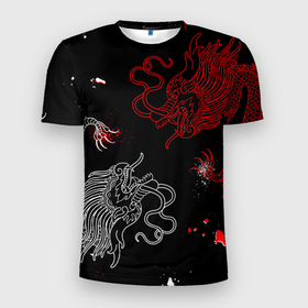 Мужская футболка 3D Slim с принтом Китайский дракон | Красно   Белый в Курске, 100% полиэстер с улучшенными характеристиками | приталенный силуэт, круглая горловина, широкие плечи, сужается к линии бедра | chinese dragon | dhina dragon | dragon | азиатский дракон | белый дракон | брызги | восточный дракон | дракон | китайские драконы | китайский дракон | красный дракон | традиционный китайский дракон