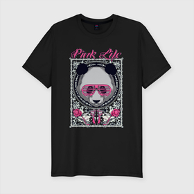 Мужская футболка хлопок Slim с принтом Pink life в Екатеринбурге, 92% хлопок, 8% лайкра | приталенный силуэт, круглый вырез ворота, длина до линии бедра, короткий рукав | bear | ears | eyes | flower | hype | muzzle | panda | razor | rose | бритва | медведь | очки | панда | роза | уши | хайп | цветок