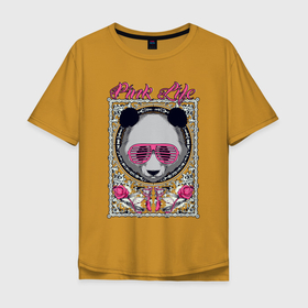 Мужская футболка хлопок Oversize с принтом Pink life в Курске, 100% хлопок | свободный крой, круглый ворот, “спинка” длиннее передней части | Тематика изображения на принте: bear | ears | eyes | flower | hype | muzzle | panda | razor | rose | бритва | медведь | очки | панда | роза | уши | хайп | цветок