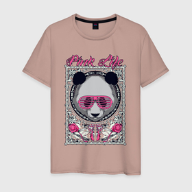 Мужская футболка хлопок с принтом Pink life в Кировске, 100% хлопок | прямой крой, круглый вырез горловины, длина до линии бедер, слегка спущенное плечо. | bear | ears | eyes | flower | hype | muzzle | panda | razor | rose | бритва | медведь | очки | панда | роза | уши | хайп | цветок