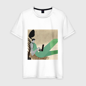 Мужская футболка хлопок с принтом девушка с компьютером Flat в Санкт-Петербурге, 100% хлопок | прямой крой, круглый вырез горловины, длина до линии бедер, слегка спущенное плечо. | flat | девушка | длинноетело | интерьер | комп