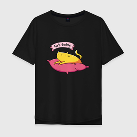 Мужская футболка хлопок Oversize с принтом Кошак Лентяй в Тюмени, 100% хлопок | свободный крой, круглый ворот, “спинка” длиннее передней части | Тематика изображения на принте: выходной | киса | кот | котяра | кошара | кошка | ленивый