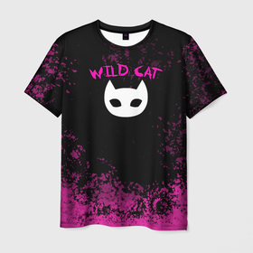 Мужская футболка 3D с принтом Wild Cat | Дикая кошка в Белгороде, 100% полиэфир | прямой крой, круглый вырез горловины, длина до линии бедер | cat | wild | wild cat | дикая | дикая кошка | кот | кошка | мордочка | мордочка кота | мордочка кошки | розовый