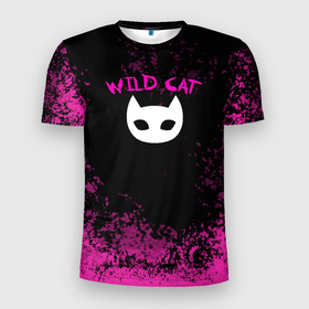 Мужская футболка 3D Slim с принтом Wild Cat | Дикая кошка в Курске, 100% полиэстер с улучшенными характеристиками | приталенный силуэт, круглая горловина, широкие плечи, сужается к линии бедра | cat | wild | wild cat | дикая | дикая кошка | кот | кошка | мордочка | мордочка кота | мордочка кошки | розовый