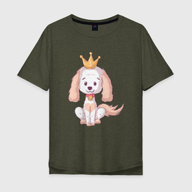 Мужская футболка хлопок Oversize с принтом собачка с короной в Екатеринбурге, 100% хлопок | свободный крой, круглый ворот, “спинка” длиннее передней части | Тематика изображения на принте: корона | пес | песик | собака | собачка