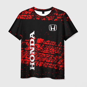 Мужская футболка 3D с принтом Honda Следы от шин. в Кировске, 100% полиэфир | прямой крой, круглый вырез горловины, длина до линии бедер | honda | sport | авто | автомобиль | бренд | марка | спорт | хонда