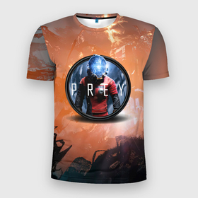 Мужская футболка 3D Slim с принтом PREY LOGO в Екатеринбурге, 100% полиэстер с улучшенными характеристиками | приталенный силуэт, круглая горловина, широкие плечи, сужается к линии бедра | horror | prey | space | космический корабль | космос | прей | прэй | страшная игра | ужастик | шутер