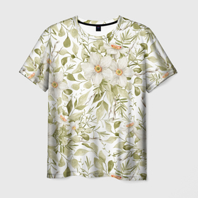 Мужская футболка 3D с принтом Принт ромашка с листьями в Новосибирске, 100% полиэфир | прямой крой, круглый вырез горловины, длина до линии бедер | floral pattern | flower | flower print | ромашка | цветочный принт