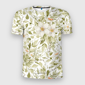 Мужская футболка 3D Slim с принтом Принт ромашка с листьями в Новосибирске, 100% полиэстер с улучшенными характеристиками | приталенный силуэт, круглая горловина, широкие плечи, сужается к линии бедра | floral pattern | flower | flower print | ромашка | цветочный принт