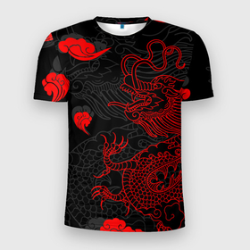 Мужская футболка 3D Slim с принтом Дракон | Китайский дракон в Новосибирске, 100% полиэстер с улучшенными характеристиками | приталенный силуэт, круглая горловина, широкие плечи, сужается к линии бедра | chinese dragon | dhina dragon | dragon | азиатский дракон | восточный дракон | дракон | китайские драконы | китайский дракон | красный дракон | облака | традиционный китайский дракон | японский дракон