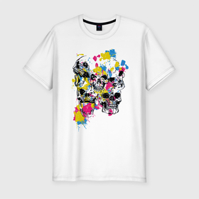 Мужская футболка хлопок Slim с принтом Color  Skulls в Петрозаводске, 92% хлопок, 8% лайкра | приталенный силуэт, круглый вырез ворота, длина до линии бедра, короткий рукав | color | hype | jaw | skull | пасть | хайп | цвет | череп