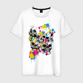 Мужская футболка хлопок с принтом Color  Skulls в Екатеринбурге, 100% хлопок | прямой крой, круглый вырез горловины, длина до линии бедер, слегка спущенное плечо. | Тематика изображения на принте: color | hype | jaw | skull | пасть | хайп | цвет | череп