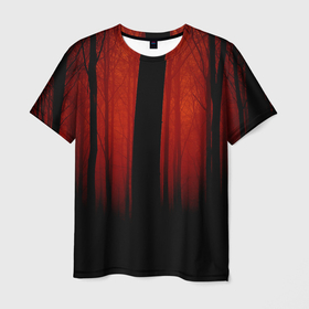 Мужская футболка 3D с принтом Красный хоррор в Санкт-Петербурге, 100% полиэфир | прямой крой, круглый вырез горловины, длина до линии бедер | деревья | красное | лес | мрак | мрачное | ужасы