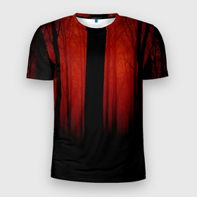 Мужская футболка 3D Slim с принтом Красный хоррор в Белгороде, 100% полиэстер с улучшенными характеристиками | приталенный силуэт, круглая горловина, широкие плечи, сужается к линии бедра | деревья | красное | лес | мрак | мрачное | ужасы