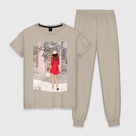 Женская пижама хлопок с принтом Девушка в Париже в Курске, 100% хлопок | брюки и футболка прямого кроя, без карманов, на брюках мягкая резинка на поясе и по низу штанин | девушка | иллюстрация | исскуство | милан | мода | модныйпринт | париж | рисунок