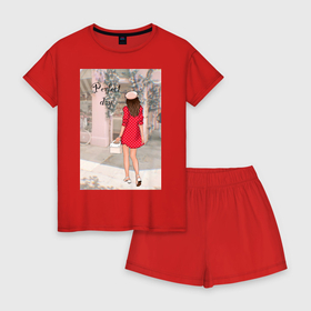 Женская пижама с шортиками хлопок с принтом Девушка в Париже , 100% хлопок | футболка прямого кроя, шорты свободные с широкой мягкой резинкой | девушка | иллюстрация | исскуство | милан | мода | модныйпринт | париж | рисунок