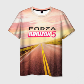 Мужская футболка 3D с принтом Закат | Forza Horizon 5 в Тюмени, 100% полиэфир | прямой крой, круглый вырез горловины, длина до линии бедер | forza horizon 5 | горы | дорога | закат | игра | небо | облака | пейзаж