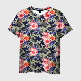 Мужская футболка 3D с принтом Military rose в Петрозаводске, 100% полиэфир | прямой крой, круглый вырез горловины, длина до линии бедер | милитари | паттерн | розы | текстура | узор | цветы