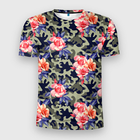 Мужская футболка 3D Slim с принтом Military rose в Курске, 100% полиэстер с улучшенными характеристиками | приталенный силуэт, круглая горловина, широкие плечи, сужается к линии бедра | милитари | паттерн | розы | текстура | узор | цветы
