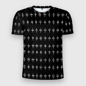 Мужская футболка 3D Slim с принтом эзотерические символы на черном фоне в Новосибирске, 100% полиэстер с улучшенными характеристиками | приталенный силуэт, круглая горловина, широкие плечи, сужается к линии бедра | ethnic | folk | nordic | runes | slav | алхимия | магия | руны | символы | фолк | фольклор | эзотерика | этника | этно | язычество