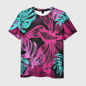 Мужская футболка 3D с принтом папоротниковый неон в Кировске, 100% полиэфир | прямой крой, круглый вырез горловины, длина до линии бедер | листья | неон | растительный принт | цветы | экзотика