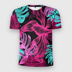 Мужская футболка 3D Slim с принтом папоротниковый неон в Тюмени, 100% полиэстер с улучшенными характеристиками | приталенный силуэт, круглая горловина, широкие плечи, сужается к линии бедра | листья | неон | растительный принт | цветы | экзотика