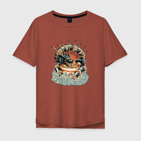 Мужская футболка хлопок Oversize с принтом Dragon Sushi Ramen в Белгороде, 100% хлопок | свободный крой, круглый ворот, “спинка” длиннее передней части | anime | food | аниме | вкусный | волна | дракон | еда | китай | корея | лапша | рамен | роллы | суши | япония