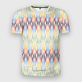 Мужская футболка 3D Slim с принтом Волнисто радужный узор в Екатеринбурге, 100% полиэстер с улучшенными характеристиками | приталенный силуэт, круглая горловина, широкие плечи, сужается к линии бедра | абстракция | волны | геометрия | градиент | днк | паттерн | радуга | узор | фон