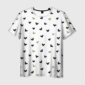 Мужская футболка 3D с принтом Золотые и черные сердечки, паттерн в Санкт-Петербурге, 100% полиэфир | прямой крой, круглый вырез горловины, длина до линии бедер | 14 февраля | день святого валентина | золотые | паттерн | сердечки | сердца | черные