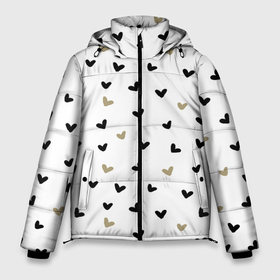 Мужская зимняя куртка 3D с принтом Золотые и черные сердечки, паттерн в Тюмени, верх — 100% полиэстер; подкладка — 100% полиэстер; утеплитель — 100% полиэстер | длина ниже бедра, свободный силуэт Оверсайз. Есть воротник-стойка, отстегивающийся капюшон и ветрозащитная планка. 

Боковые карманы с листочкой на кнопках и внутренний карман на молнии. | Тематика изображения на принте: 14 февраля | день святого валентина | золотые | паттерн | сердечки | сердца | черные
