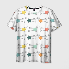 Мужская футболка 3D с принтом Таксы в футболках в Курске, 100% полиэфир | прямой крой, круглый вырез горловины, длина до линии бедер | в футболках | домашние | животные | паттерн | собаки | таксы