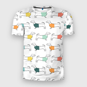 Мужская футболка 3D Slim с принтом Таксы в футболках , 100% полиэстер с улучшенными характеристиками | приталенный силуэт, круглая горловина, широкие плечи, сужается к линии бедра | в футболках | домашние | животные | паттерн | собаки | таксы