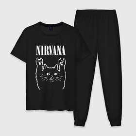 Мужская пижама хлопок с принтом Nirvana Rock Cat, НИРВАНА в Петрозаводске, 100% хлопок | брюки и футболка прямого кроя, без карманов, на брюках мягкая резинка на поясе и по низу штанин
 | Тематика изображения на принте: cat | kurt cobain | music | nirvana | rock | rock cat | кабейн | кобейн | кот | курт | курт кобейн | музыка | нирвана | рок | рок кот