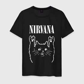 Мужская футболка хлопок с принтом Nirvana Rock Cat, НИРВАНА в Новосибирске, 100% хлопок | прямой крой, круглый вырез горловины, длина до линии бедер, слегка спущенное плечо. | cat | kurt cobain | music | nirvana | rock | rock cat | кабейн | кобейн | кот | курт | курт кобейн | музыка | нирвана | рок | рок кот