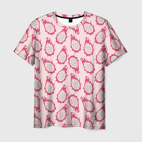 Мужская футболка 3D с принтом Питахайя, розовый паттерн в Екатеринбурге, 100% полиэфир | прямой крой, круглый вырез горловины, длина до линии бедер | драконий | летний принт | паттерн | питайя | питахайя | розовый | фрукт