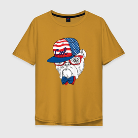 Мужская футболка хлопок Oversize с принтом Cool Bulldog в Екатеринбурге, 100% хлопок | свободный крой, круглый ворот, “спинка” длиннее передней части | baseball cap | bulldog | eyes | hype | muzzle | view | бейсболка | бульдог | взгляд | глаза | очки | хайп