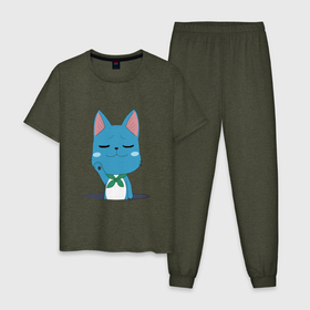 Мужская пижама хлопок с принтом котик 0055 в Петрозаводске, 100% хлопок | брюки и футболка прямого кроя, без карманов, на брюках мягкая резинка на поясе и по низу штанин
 | cat | кити | китюлька | кот | котик | котэ | кэт | синий кот