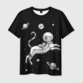 Мужская футболка 3D с принтом котик в открытом космосе в Кировске, 100% полиэфир | прямой крой, круглый вырез горловины, длина до линии бедер | cat | cosmos | астронавт | астрономия | вселенная | галактика | звезды | инопланетяне | космос | кот | котик | кошка | невесомость | нло